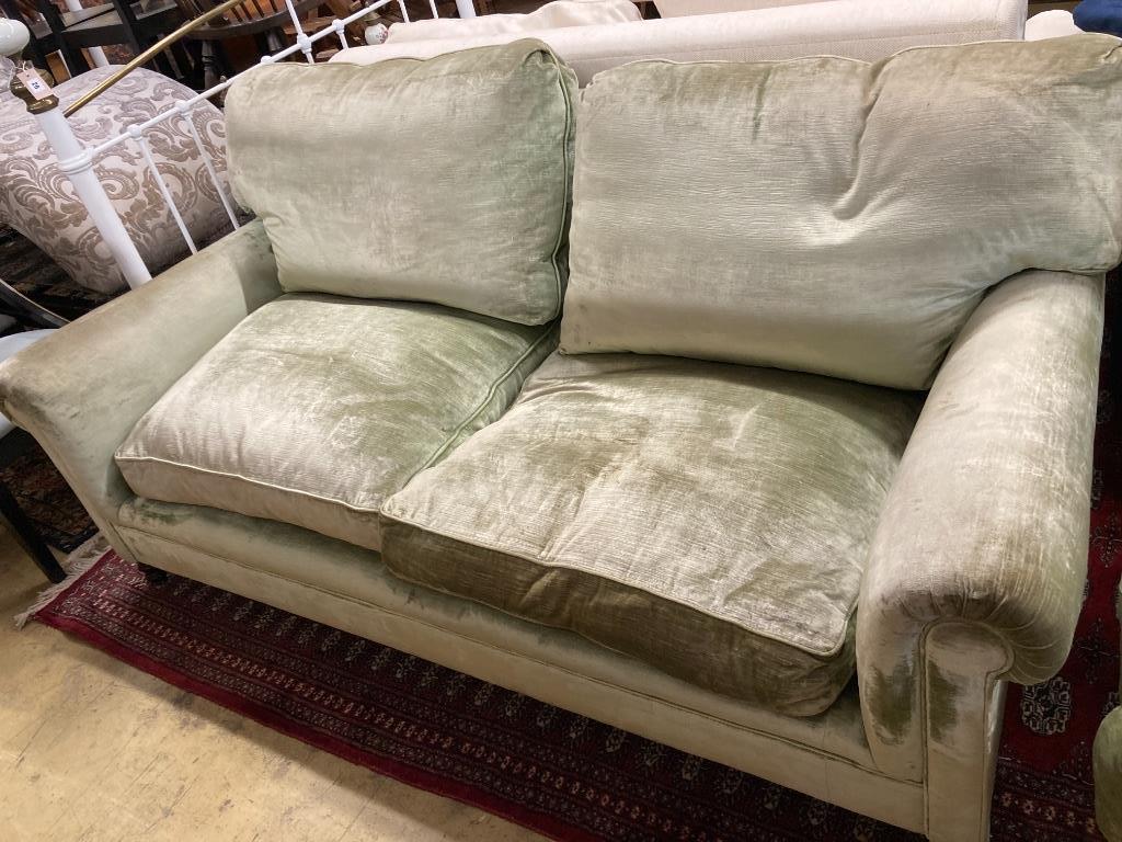 A George Smith two seater settee upholstered in pale green velvet, length 190cm, depth 90cm, height 82cm